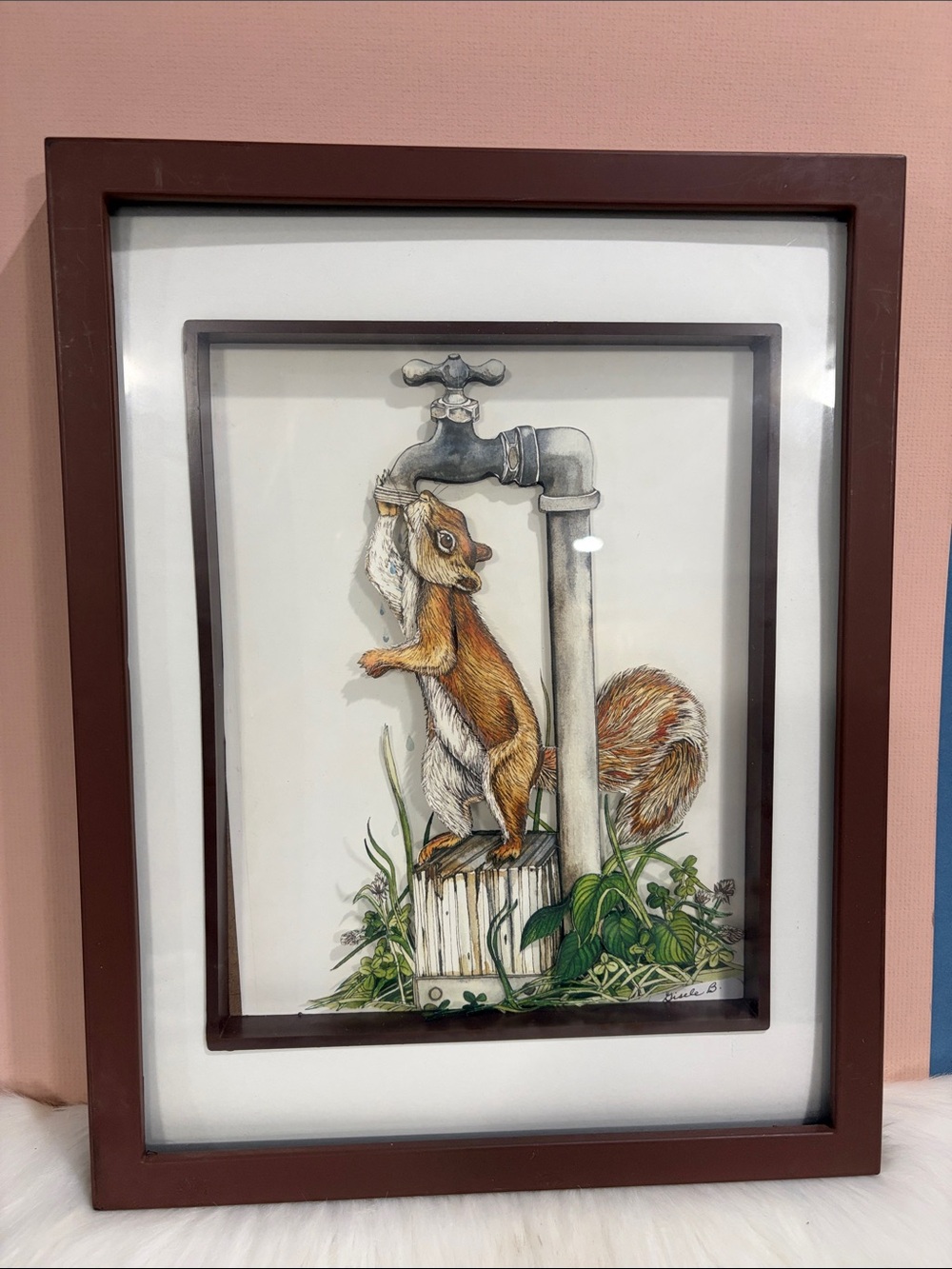 Framed Tole Squirrel Art Print in Brown Frame 11x14 inches.